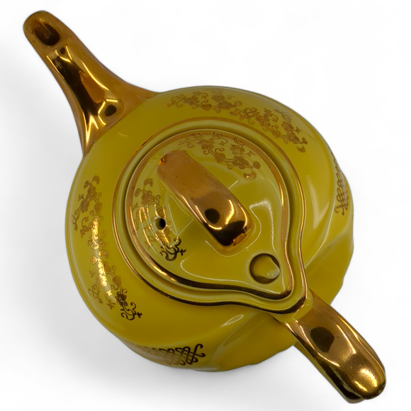 Hall Teapot 0799 6 Cup Yellow and Gold Metalic Trimmed Made in USA - Picture 6 of 9